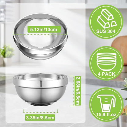 Stainless Steel Bowls, 4 Pack 5.1in 15.9oz 470ml Mini Small SUS304 Double Wall Insulated Stackable Metal Eating Bowl Containers for Serving Snacks Ice Cream Soup Cereal Food Rice Salad