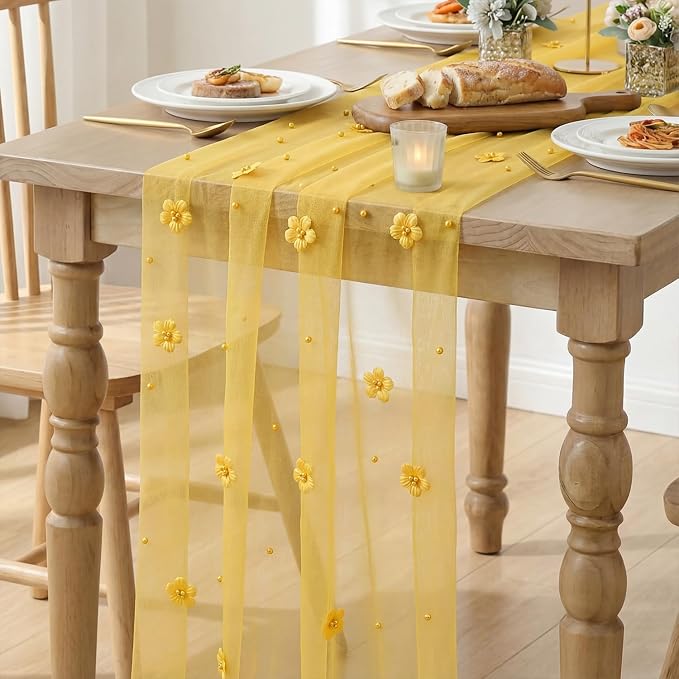 Artoid Mode Yellow Flower Pearl Yellow Gauze Table Runner 10FT 3PC, Seasonal - Image 6
