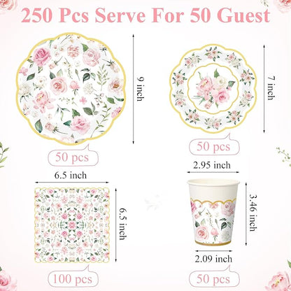 Funnymoom 250 Pcs Floral Party Decorations Flower Paper Plates Napkins and Cups - Image 3