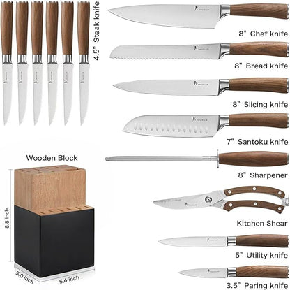 Natura Series 15 PCS Knife Block Set, Ultra Sharp High Carbon Stainless Steel with Wooden Handle