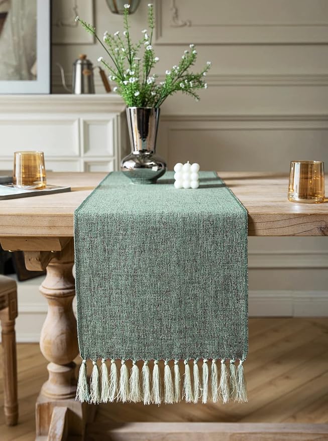 Green Table Runners 60 Inches Long, Burlap Linen Style Rustic Farmhouse Table - Image 2