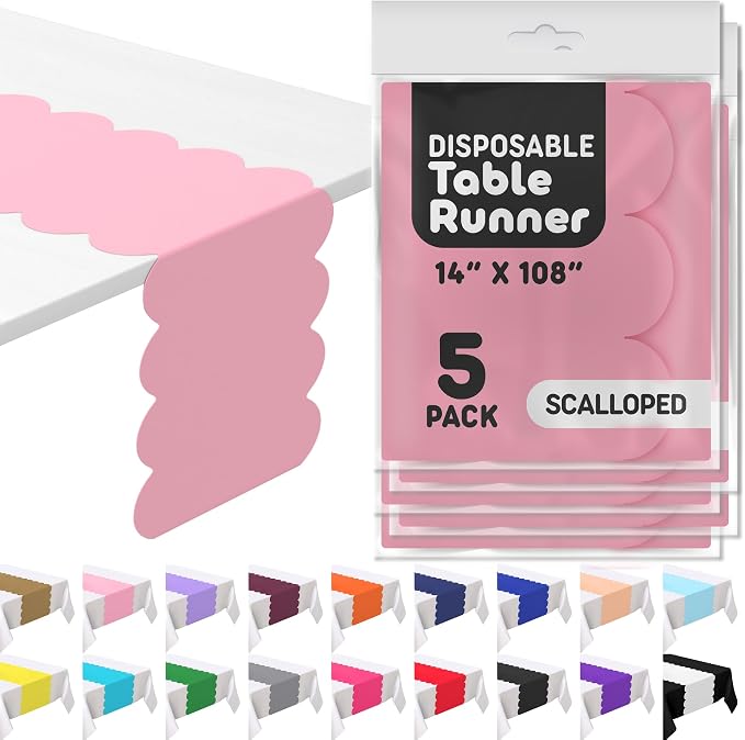 Light Pink Scallop Table Runner, Disposable Plastic, 5 Pack by Swanoo