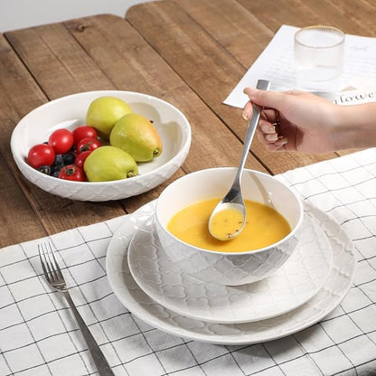 Sureasy Ceramic Plates and Bowls Sets, 24 Pieces Dinnerware Sets for 6, Embossed Scratch Resistant Dinner Set, Dishwasher and Microwave Safe, White