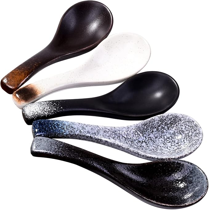 Japanese Ceramic Soup Spoon Set of 5, 5.3" Reactive Glaze Ramen Spoons by Cerficer