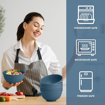 Wheat Straw Bowls for Kitchen 26 OZ - 6 Inch, Unbreakable Lightweight Salad Bowl Set of 6, Microwave and Dishwasher Safe Bowl, Alternative Plastic Bowls Reusable for Cereal, Snack,Fruit (Blue)