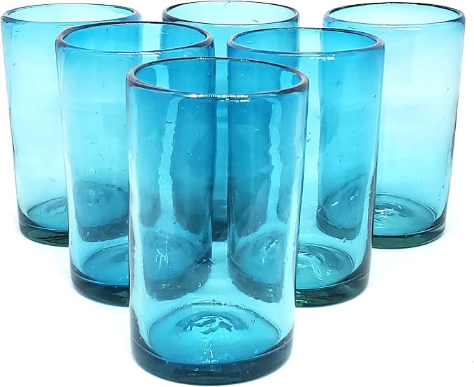 Solid Aqua Blue 14 oz Drinking Glasses, Recycled Glass, Toxin-Free by MexHandcraft