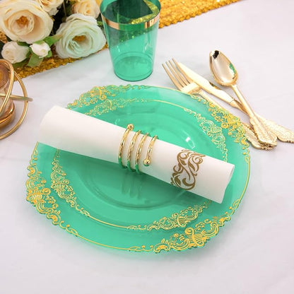 Hioasis 350pcs Green and Gold Plastic Plates - Green Party Plates for 50 Guest, Include 100 Heavy-duty Plates(20% Thicker Than Standard), 150 Cutlery Set, 50 Napkin, 50 Cups for St. Patrick's Day