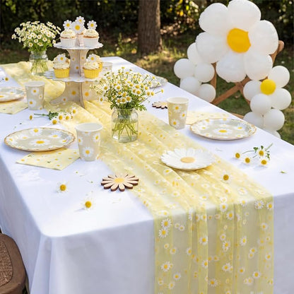4 Pcs Yellow Daisy Table Runners 29 x 70 Inch Daisy Tulle Lace Table Runner - Image 7