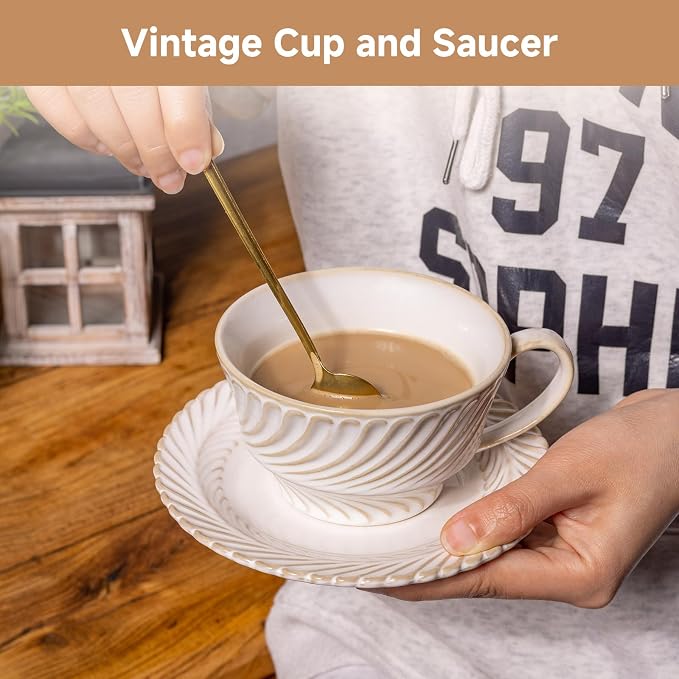Ceramic Latte Cup with Saucer, 12 OZ Cappuccino Cup Vintage Cafe Art Cups - Image 5