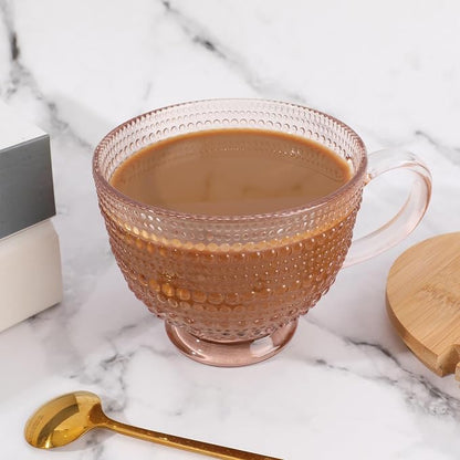 Pink Vintage Latte Mugs Set of 2, 16oz Large Pink Glass Embossed Coffee Mug - Image 3