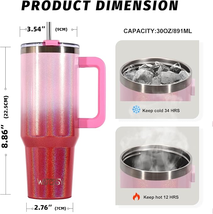 30 oz Shiny Tumbler with Handle and Straw, Stainless Steel Tumbler with Lid and - Image 2
