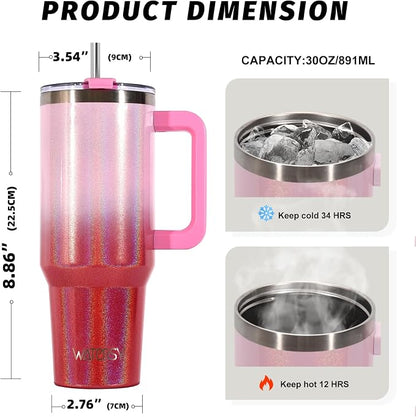 30 oz Shiny Tumbler with Handle and Straw, Stainless Steel Tumbler with Lid and - Image 2