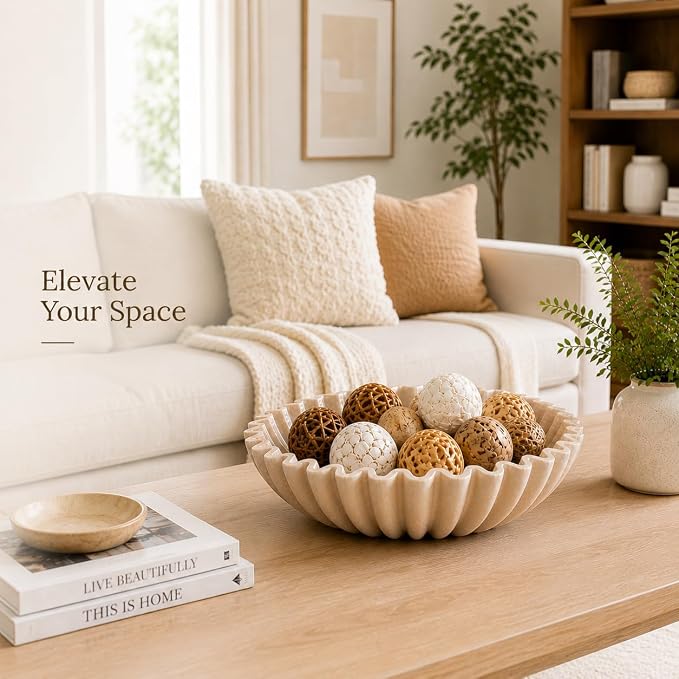 LIN CHUAN Ruffle Decorative Bowl, Large Fruit Bowl, Artificial Stone Beige | - Image 5