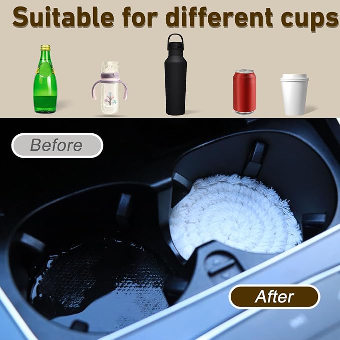 Coomin Car Coasters for Cup Holders, 3.8in 2p Beige | Absorbent Macrame Drink - Image 4