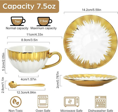 Cappuccino Cups with Saucers, 8 oz Ceramic Coffee Cup Set of 6, Espresso Cups - Image 2