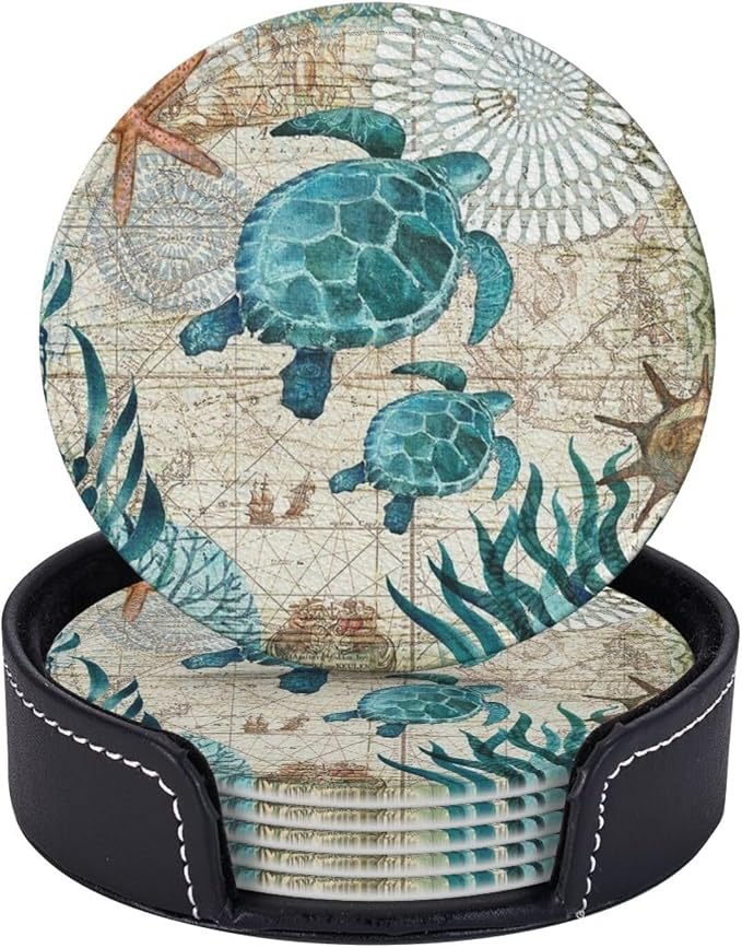 Drink Coasters with Holder Stand Set of 6, Sea Turtle Pu Leather Absorbent by Unknown