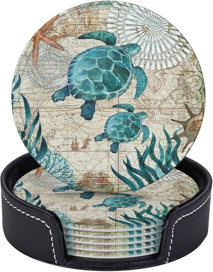 Drink Coasters with Holder Stand Set of 6, Sea Turtle Pu Leather Absorbent by Unknown