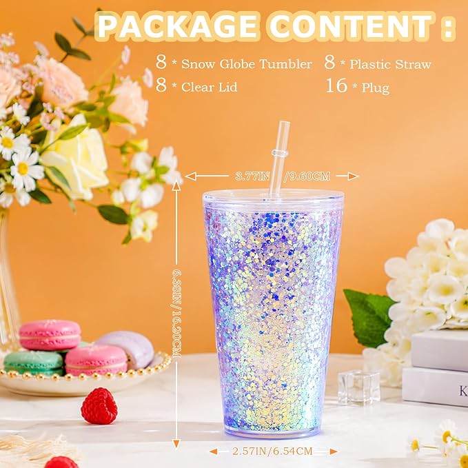 8 Pack 16 Oz Acrylic Snowglobe Tumbler, Pre-Drilled Double Wall Plastic Kids - Image 3