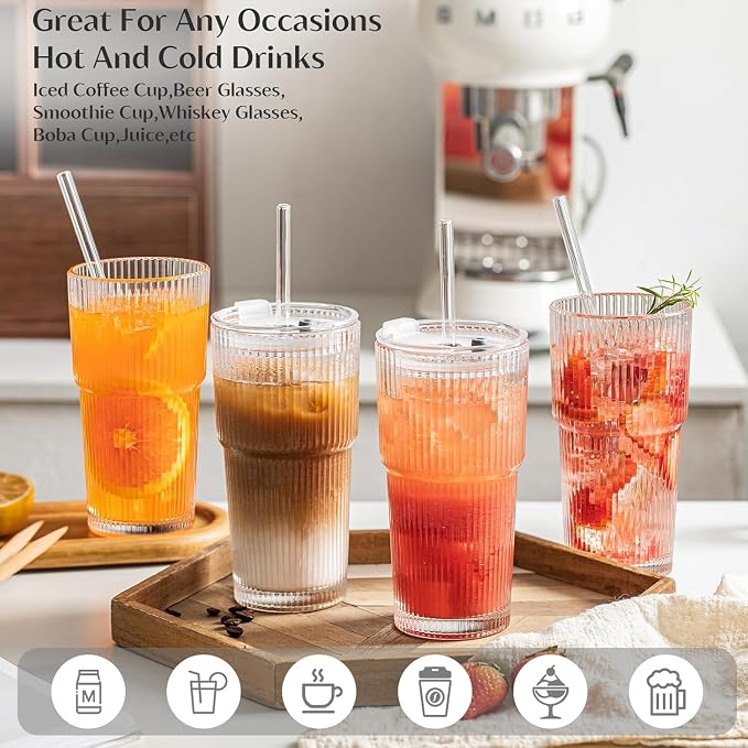 INSETLAN 6-Piece Glassware Set – 20 oz Ribbed Glass Tumblers - Image 7