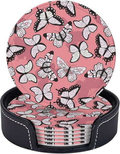 Drink Coasters with Holder Stand Set of 6, Butterfly Pattern Pu Leather by Unknown