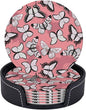 Drink Coasters with Holder Stand Set of 6, Butterfly Pattern Pu Leather by Unknown