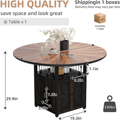 VFK 47" Round Dining Table Set for 4-6 People, Solid Wood & Metal Table with Storage Shelf, Walnut Kitchen & Dining Room Furniture (Cat Table)