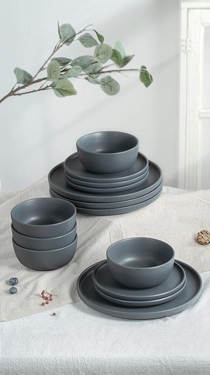 Famiware Dawn Plates and Bowls Sets, 12 Pieces Stoneware Dinnerware Sets, Dishes Set for 4, Microwave and Dishwasher Safe, Speckled Charcoal
