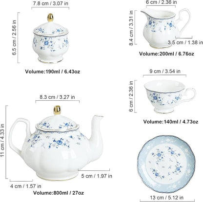 fanquare 15 Piece Blue Rose Porcelain Tea Set, British Floral Teapot - Image 6