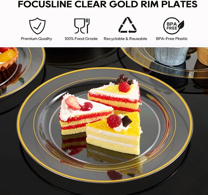 FOCUSLINE 100 Count 10 Inch Clear and Gold Plastic Plates, Disposable Heavy - Image 4