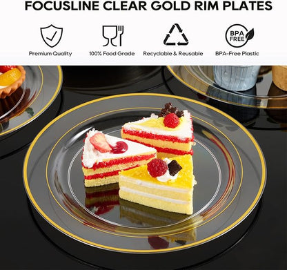 FOCUSLINE 100 Count 10 Inch Clear and Gold Plastic Plates, Disposable Heavy - Image 4