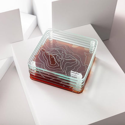Mammoth Mountain 3D Contour Map Glass Drink Coasters of Mountains, Ski Resort, Set of 6 with Holder, Housewarming Birthday Gifts, Home Decor