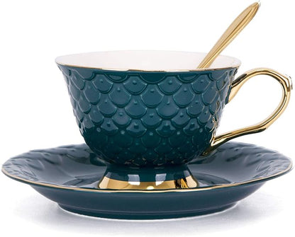 VanEnjoy Green Vintage 8 Ounces Porcelain Coffee Cup, Tea Cup and Saucer Set by VanEnjoy