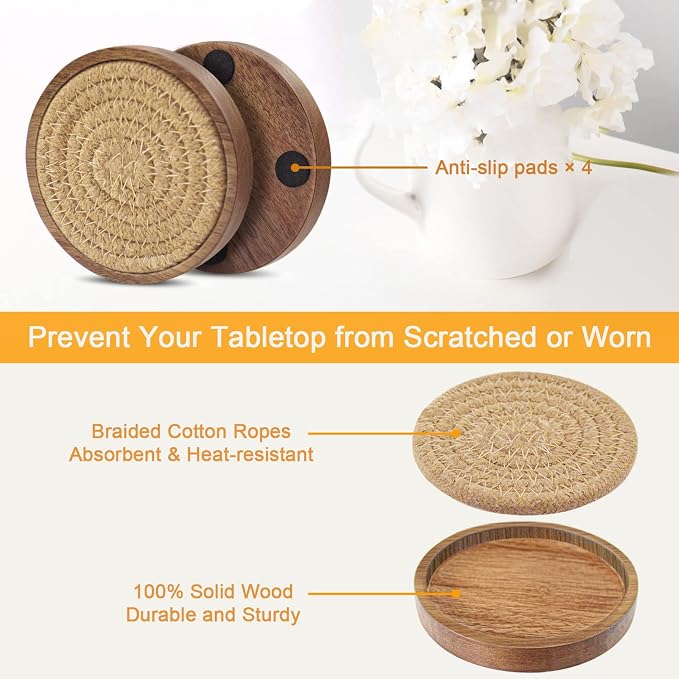 Wood Coasters for Drinks, Eykao Absorbent Coaster Sets of 5, Woven Drink - Image 5