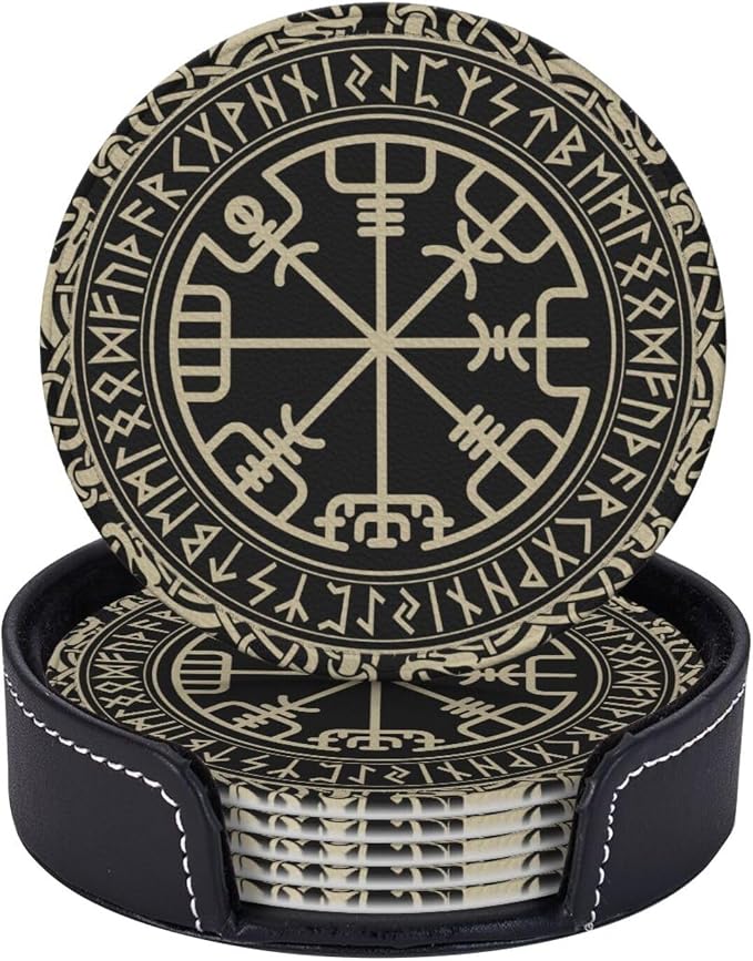 Black Celtic Viking Design Drinking Coasters PU Leather Coaster by YISHOW