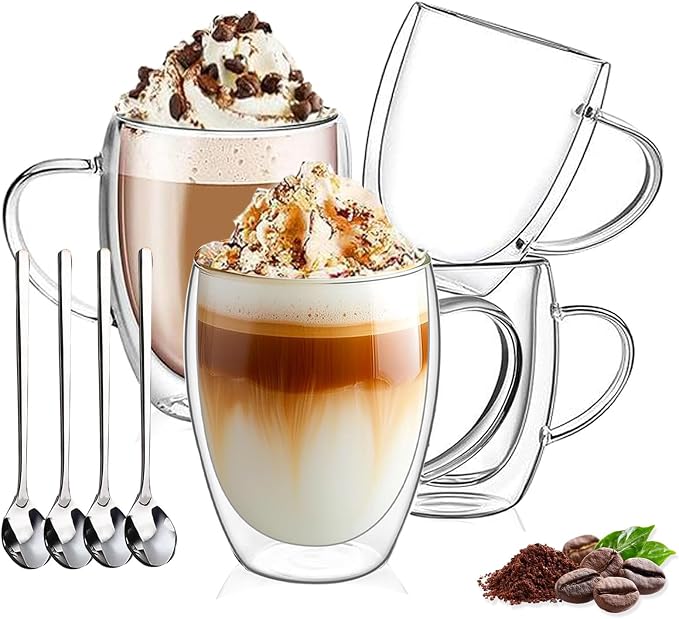 DINGPAI 4 Pack Double Wall Glass Coffee Mugs, 12oz Clear Coffee Cups | Heat by DINGPAI