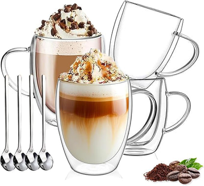 DINGPAI 4 Pack Double Wall Glass Coffee Mugs, 12oz Clear Coffee Cups | Heat by DINGPAI