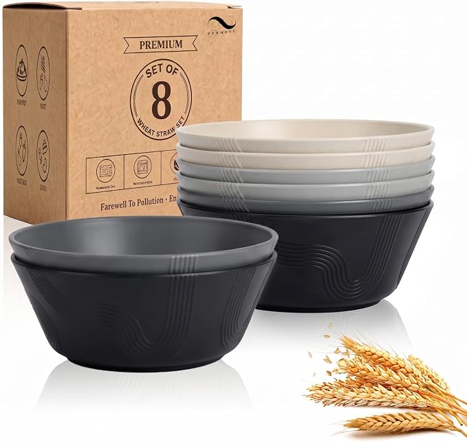 PYRMONT Large Salad Bowl 36 OZ Wheat Straw Bowls Set of 8 Alternative Plastic by PYRMONT