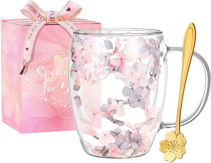 Gifts for Women Dried Flowers Double Wall Glass Coffee Mugs Cute Glass Tea Cups by Yalucky