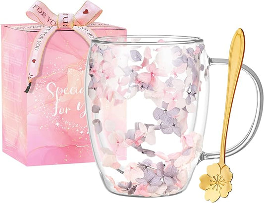 Gifts for Women Dried Flowers Double Wall Glass Coffee Mugs Cute Glass Tea Cups by Yalucky