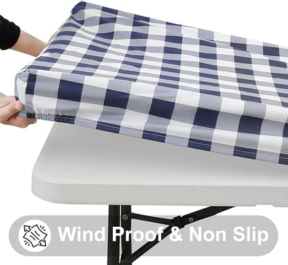 Smiry Square Picnic Table Cloth, Elastic Waterproof Fitted Vinyl Tablecloths, Flannel Backed Buffalo Plaid Table Covers for Dining, Camping, Outdoor (White and Navy, 36" x 36")
