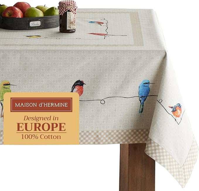 Maison d' Hermine Table Cloth Rectangle Table 100% Cotton 70 x 108 Inches Tablecloth Reusable Decorative for Dining Room Farmhouse Home Valentines Day Decorations Spring Summer - Birdies on Wire