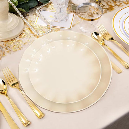 LIYH 50 Pcs Beige Plastic Plates Reusable Unbreakable Dinner Plates Scalloped Plastic Plate Dishwasher Safe Ivory Plate Sets Perfect for Parties Birthday Picnics BPA Free (25Guests)