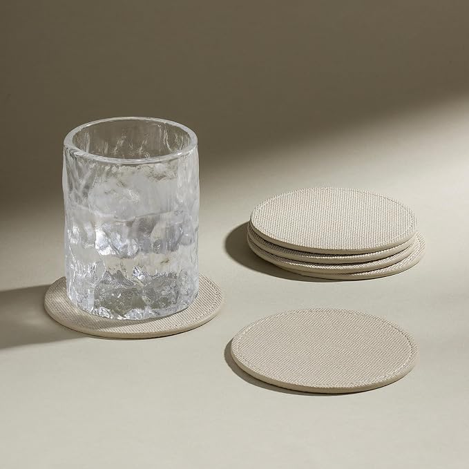 OLETHA Aesthetic Round Drink Coasters, Greige | Canvas-grain faux leather by OLETHAD%C3%A9cor