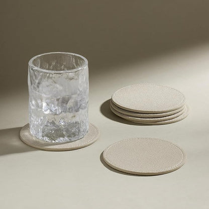 OLETHA Aesthetic Round Drink Coasters, Greige | Canvas-grain faux leather by OLETHAD%C3%A9cor