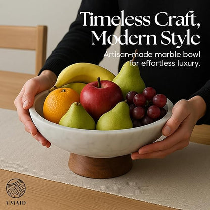 UMAID White Marble Decorative Bowl with Wood Pedestal, 10" Handcrafted Natural Stone Centerpiece with Unique Veining, Luxury Kitchen Fruit Bowl & Entryway Catch-All, for Potpourri & Coffee Table Decor