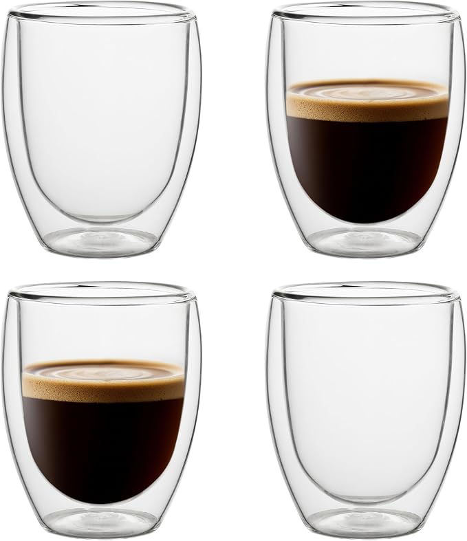 NIRA.Z 4 Pack 11.6oz/343ml Double Wall Glass Coffee Mugs, No Hole Bottom by NIRAZ