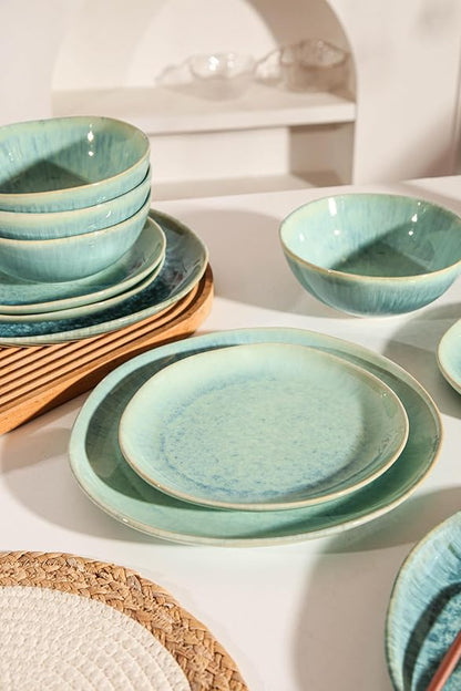 Modern Plates and Bowls Sets 12-Piece Ceramic Dinnerware Set for 4 Blue Kitchen Plates and Bowls Microwave Dishwasher and Oven Safe Stackable Tableware Dinnerware Sets for Everyday Use