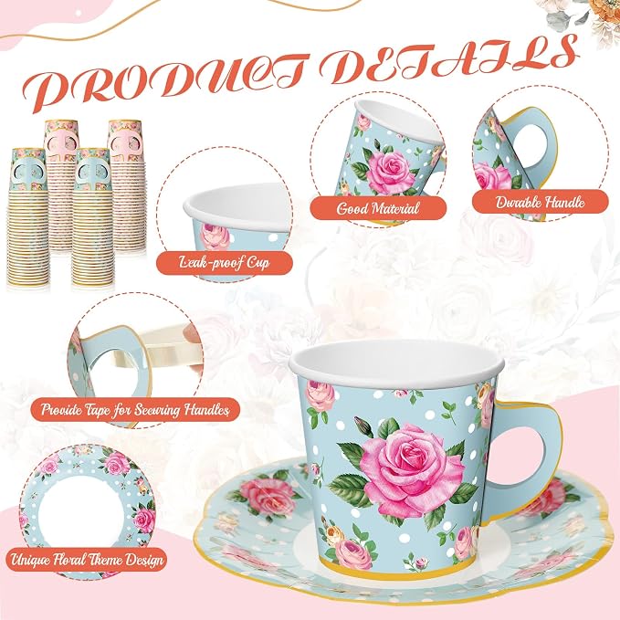 Umigy 60 Sets Floral Tea Party Decorations 9 oz Floral Paper Teacups & Saucer - Image 3