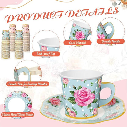 Umigy 60 Sets Floral Tea Party Decorations 9 oz Floral Paper Teacups & Saucer - Image 3