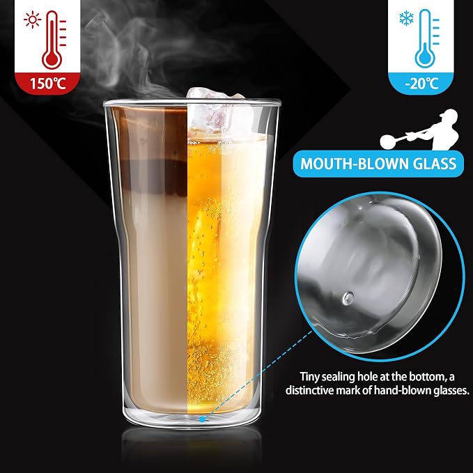 Joeyan Glass Double Walled Beer Drinking Glasses Tumbler 16 oz, Double Layer - Image 5